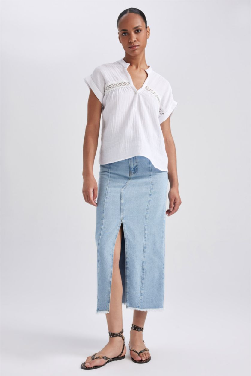 FEMME Blanc Blouse Coton à Manches Courtes et Col Rond