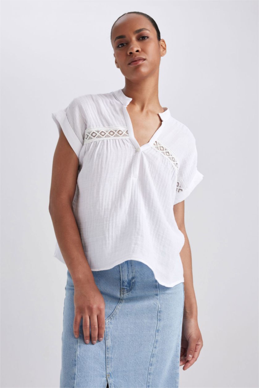 FEMME Blanc Blouse Coton à Manches Courtes et Col Rond