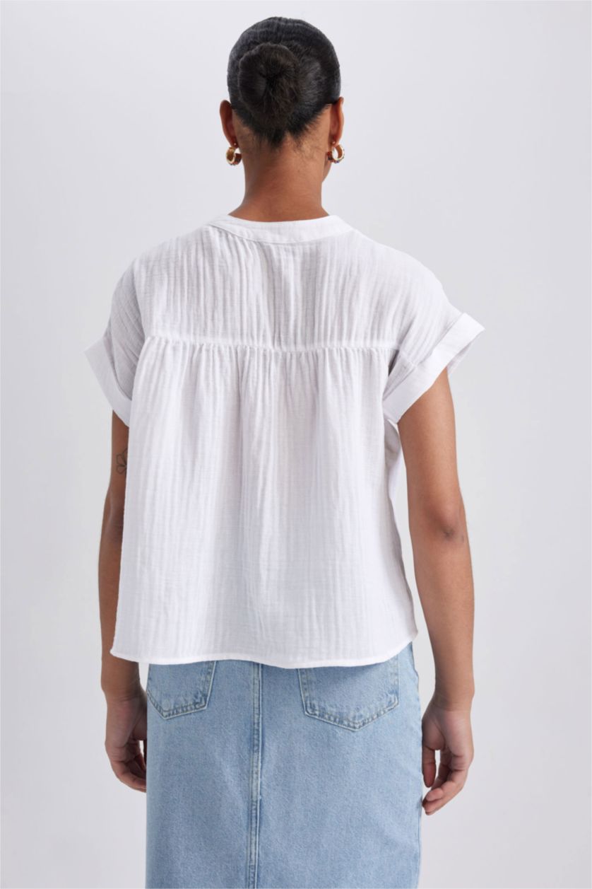 FEMME Blanc Blouse Coton à Manches Courtes et Col Rond