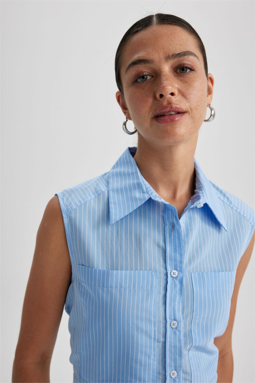 Woman Blue Oversize Fit Shirt Collar modal Sleeveless Shirt