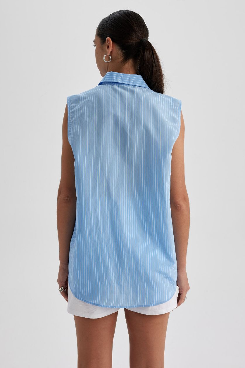Woman Blue Oversize Fit Shirt Collar modal Sleeveless Shirt
