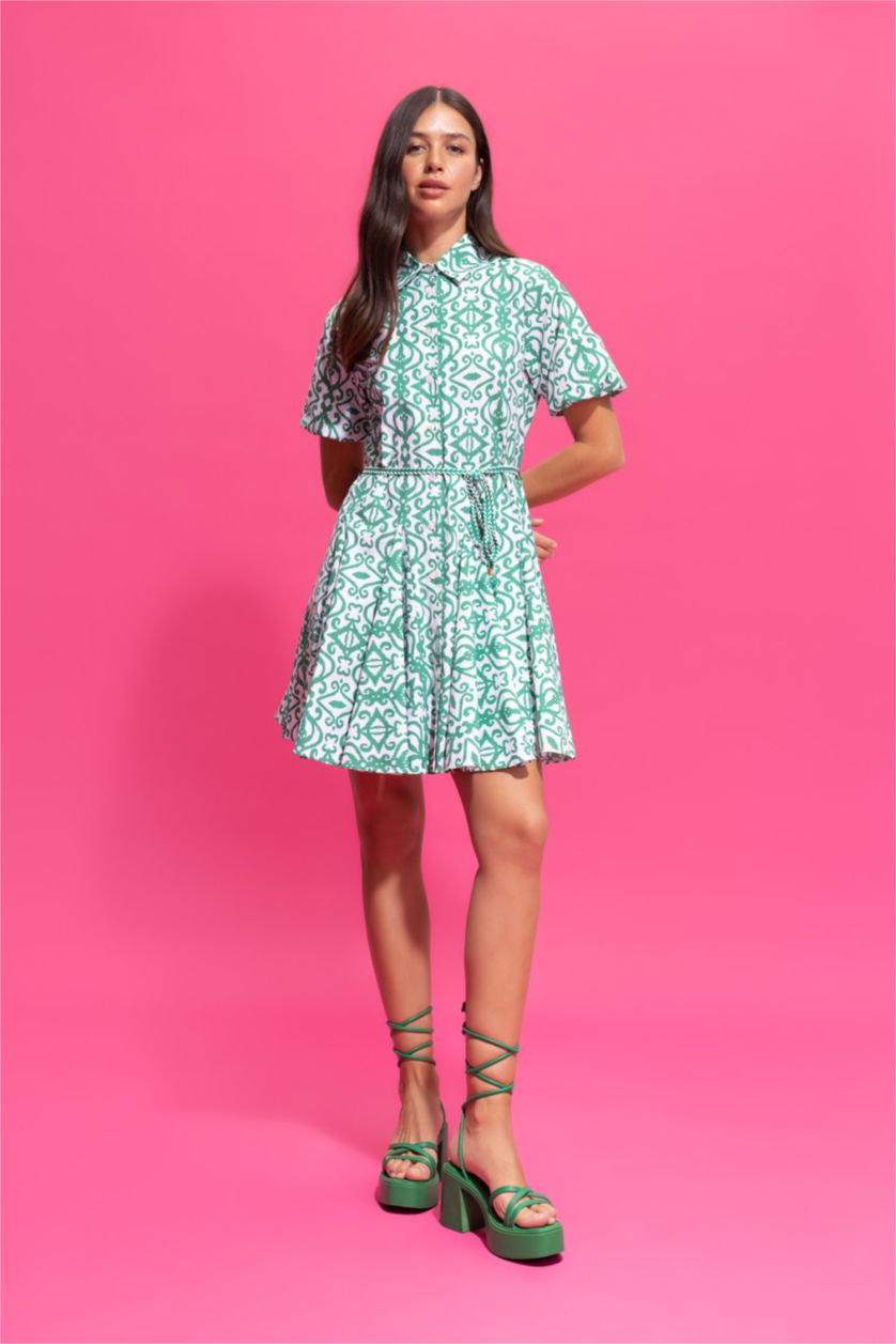 نساء أخضر فستان قطن قصير بياقة قميص وأكمام قصيرة