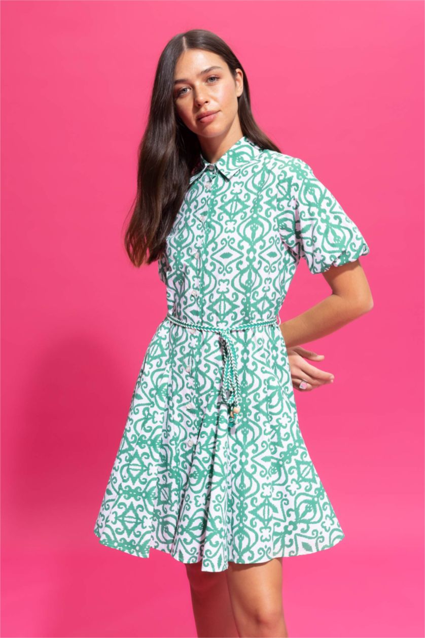 نساء أخضر فستان قطن قصير بياقة قميص وأكمام قصيرة