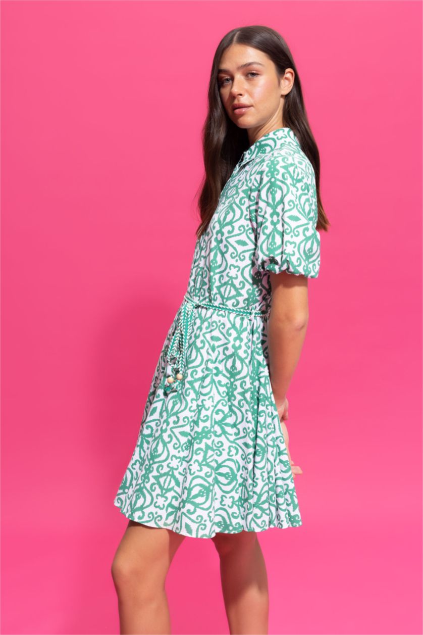 نساء أخضر فستان قطن قصير بياقة قميص وأكمام قصيرة