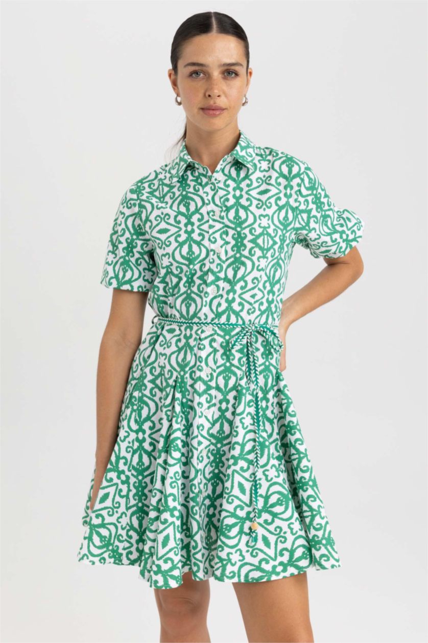 نساء أخضر فستان قطن قصير بياقة قميص وأكمام قصيرة