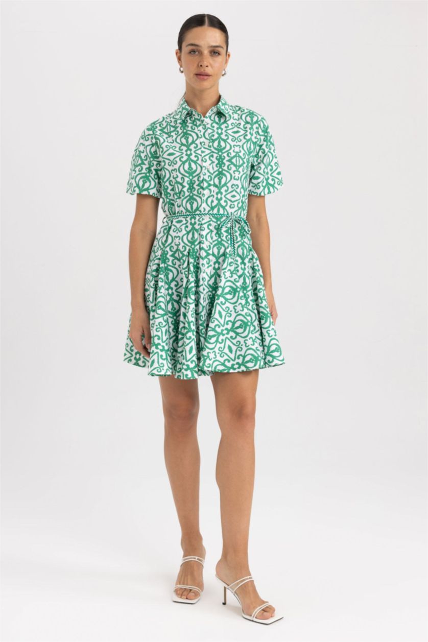 نساء أخضر فستان قطن قصير بياقة قميص وأكمام قصيرة