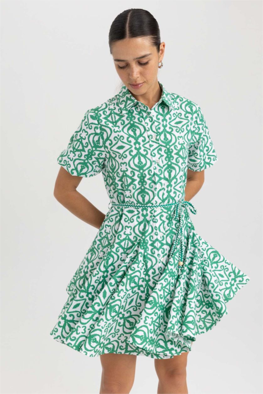 نساء أخضر فستان قطن قصير بياقة قميص وأكمام قصيرة