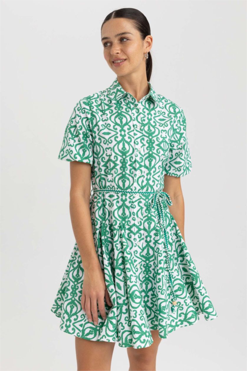 نساء أخضر فستان قطن قصير بياقة قميص وأكمام قصيرة