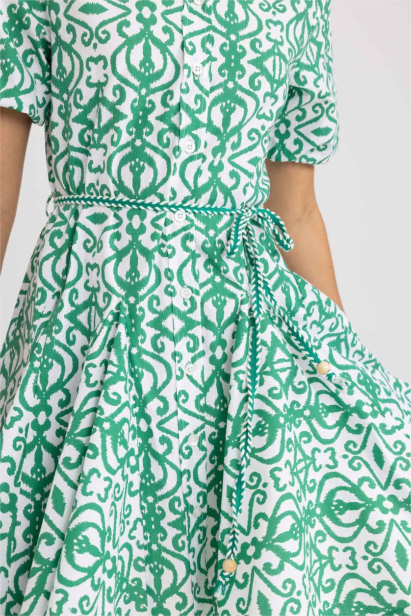 نساء أخضر فستان قطن قصير بياقة قميص وأكمام قصيرة