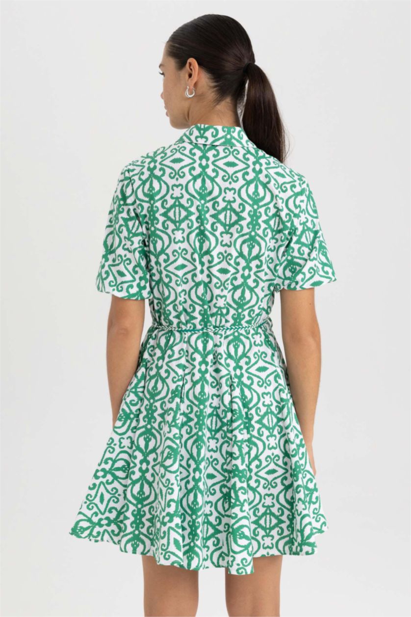 نساء أخضر فستان قطن قصير بياقة قميص وأكمام قصيرة