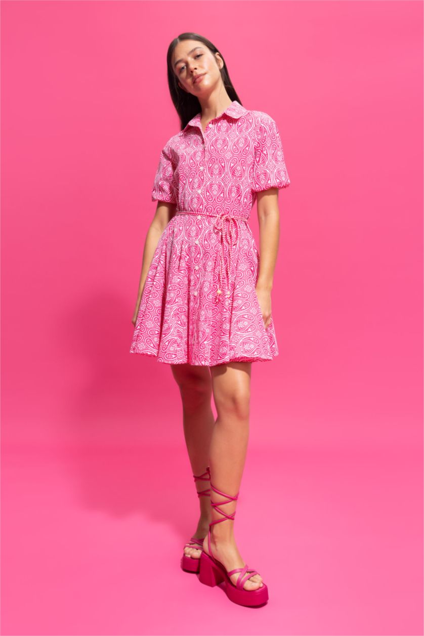 FEMME Rose Mini Robe Tissée À Manches Courtes Col De Chemise