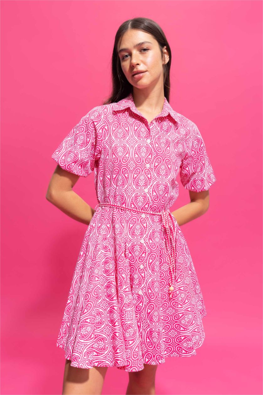 FEMME Rose Mini Robe Tissée À Manches Courtes Col De Chemise