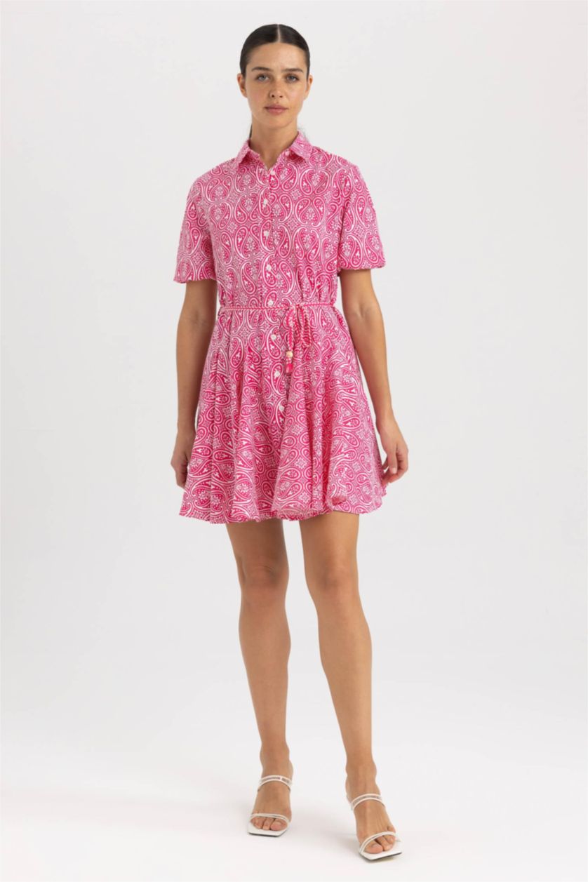 FEMME Rose Mini Robe Tissée À Manches Courtes Col De Chemise