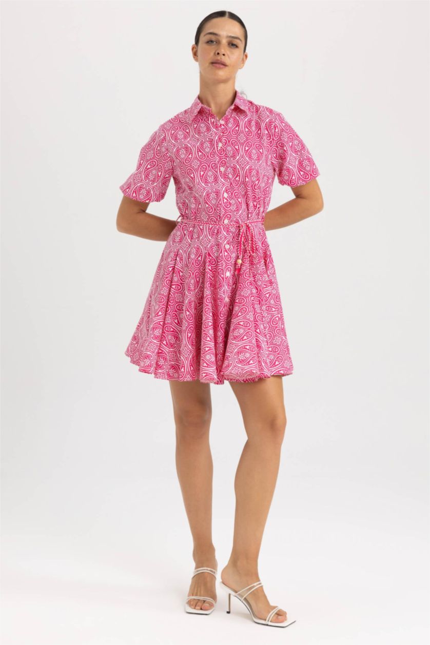 FEMME Rose Mini Robe Tissée À Manches Courtes Col De Chemise