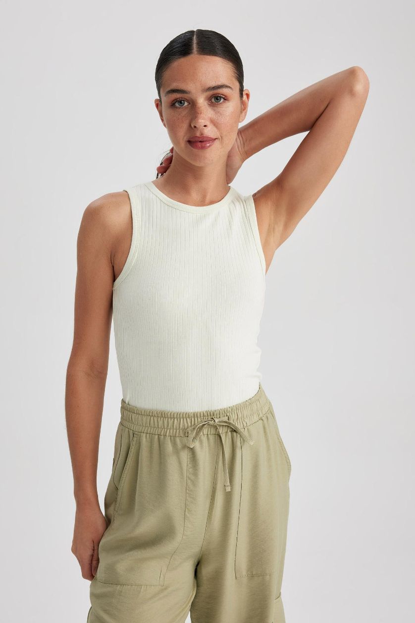 نساء نعناع كروب توب مضلع سليم فيت بياقة مستديرة