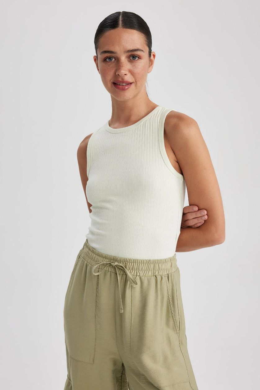 نساء نعناع كروب توب مضلع سليم فيت بياقة مستديرة