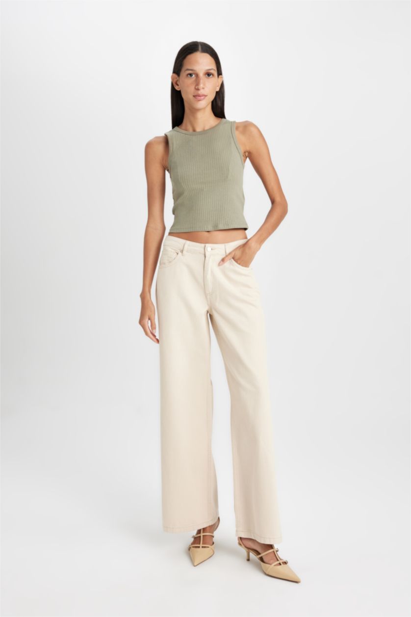 Kadın Açık Haki Slim Fit Dar Kesim Halter Yaka Basic Düz Fitilli Kaşkorse Atlet