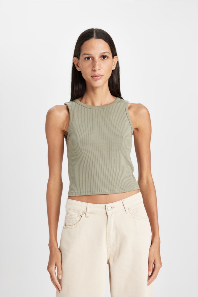 Kadın Açık Haki Slim Fit Dar Kesim Halter Yaka Basic Düz Fitilli Kaşkorse Atlet