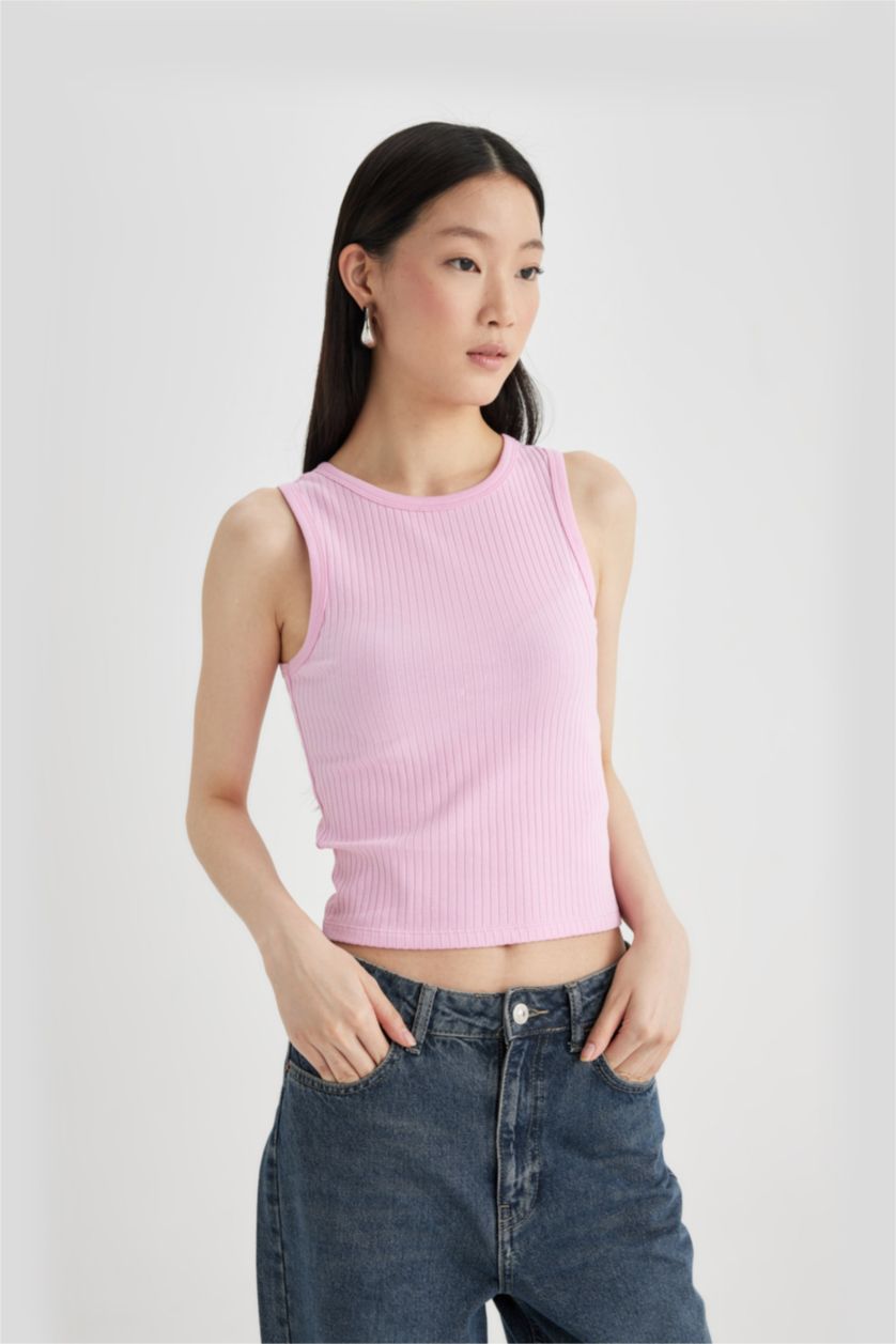 نساء زهري فاتح تانك توب مضلع سليم فيت برقبة رسن