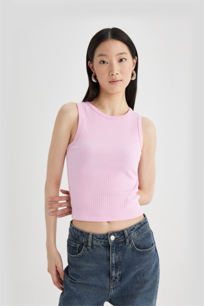 نساء زهري فاتح تانك توب مضلع سليم فيت برقبة رسن