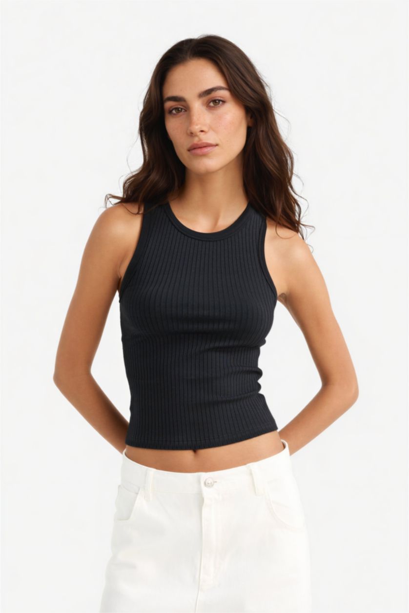 Kadın Siyah Slım Fıt Halter Yaka Fitilli Kaşkorse Atlet