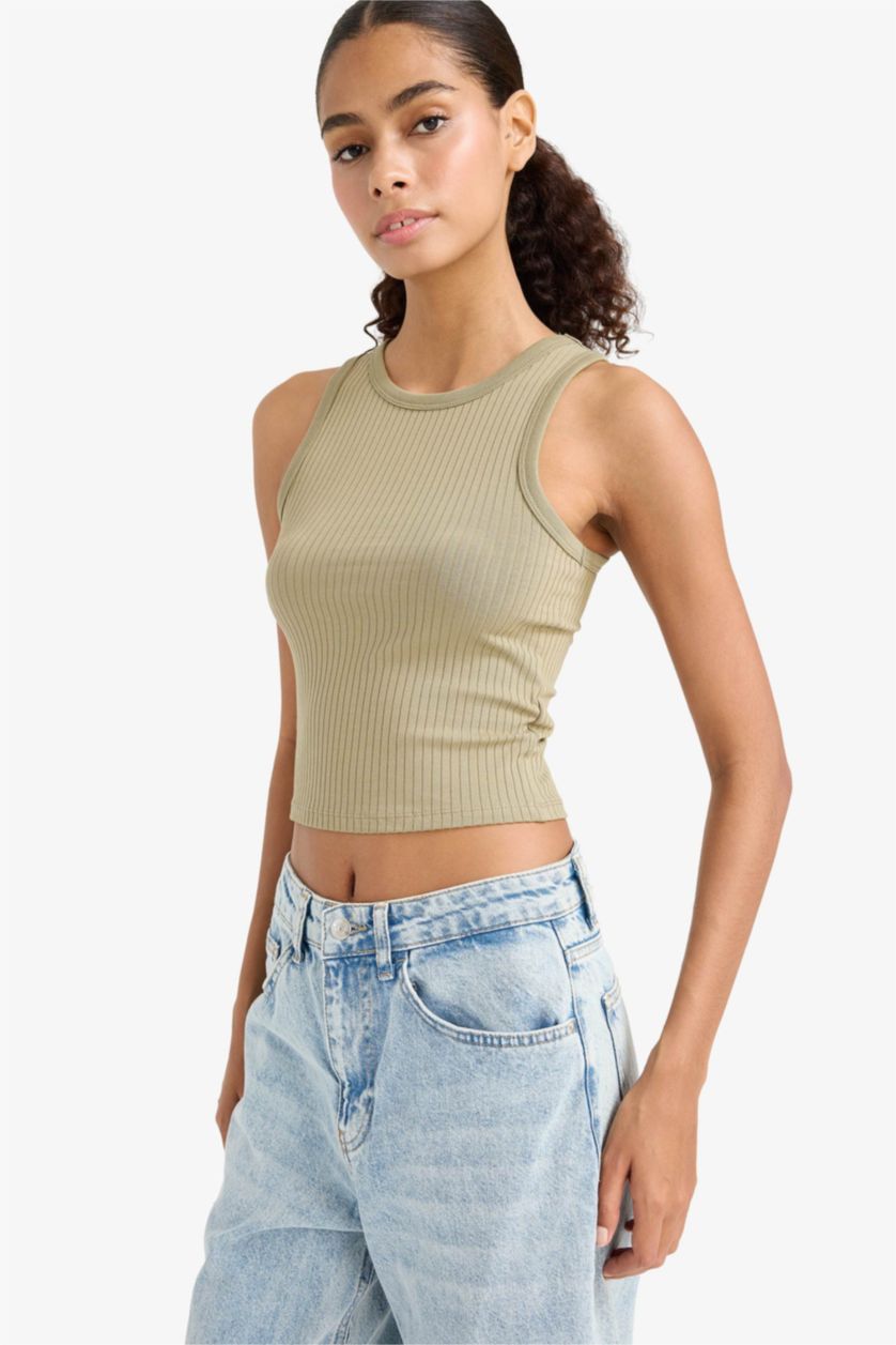 Kadın Haki Slım Fıt Halter Yaka Fitilli Kaşkorse Atlet