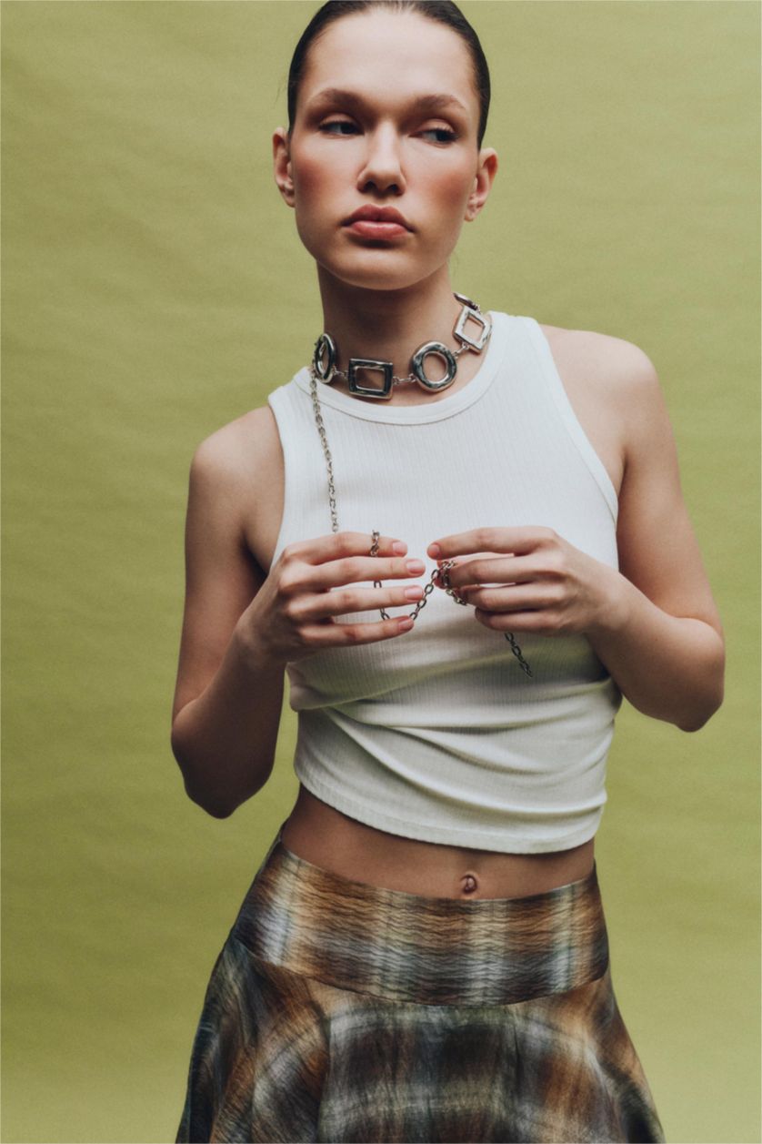 WOMAN Ecru Slim Fit Camisole Halter Collar Tank Top