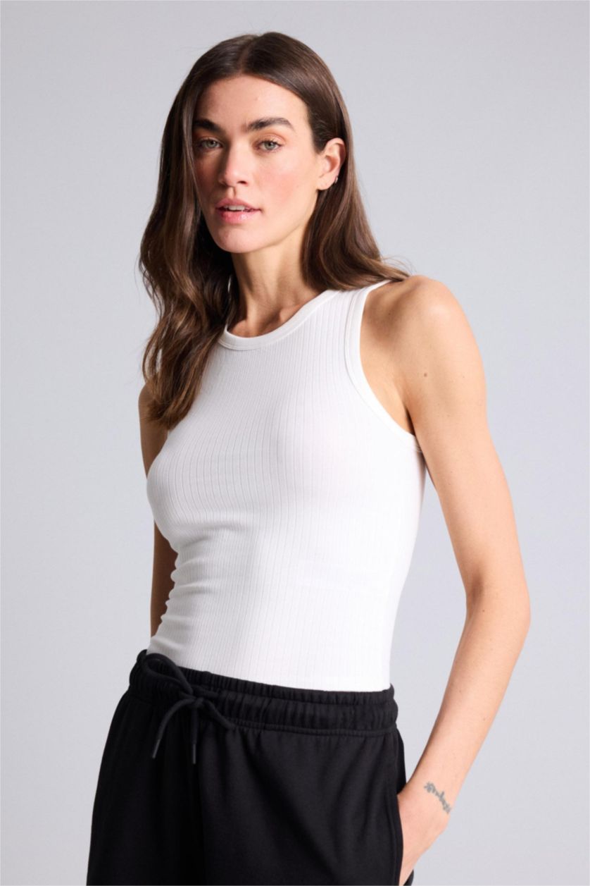 WOMAN Ecru Slim Fit Camisole Halter Collar Tank Top