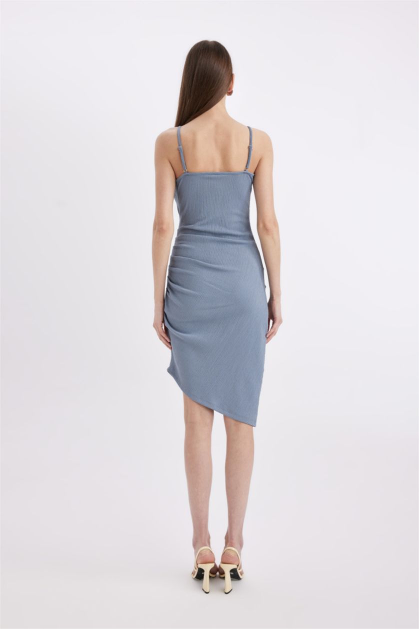 Kadın Mavi Bodycon Vücudu Saran V Yaka Drapeli Bürümcük Askılı Midi Abiye Elbise