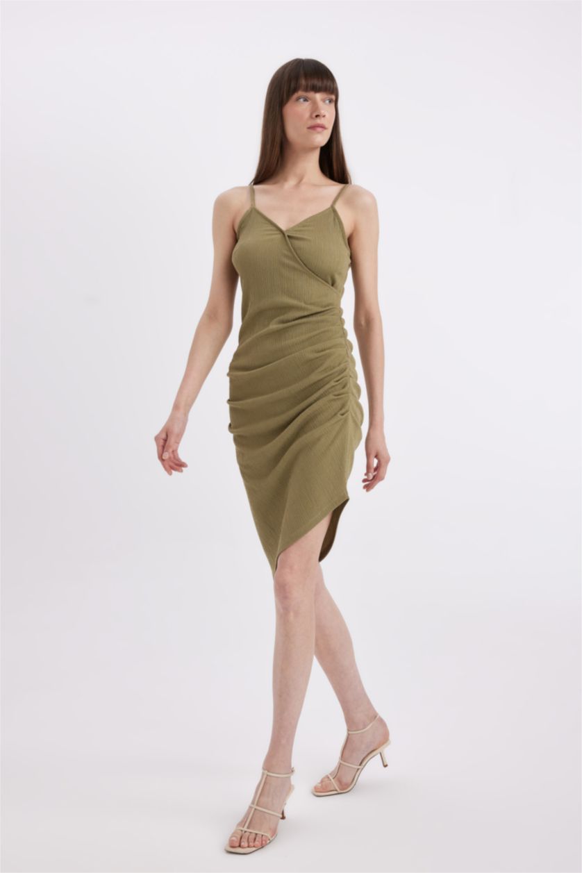 Kadın Haki Bodycon  Vücudu Saran  V Yaka Drapeli Bürümcük Askılı Midi Abiye Elbise