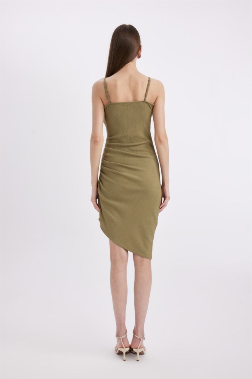 Kadın Haki Bodycon  Vücudu Saran  V Yaka Drapeli Bürümcük Askılı Midi Abiye Elbise