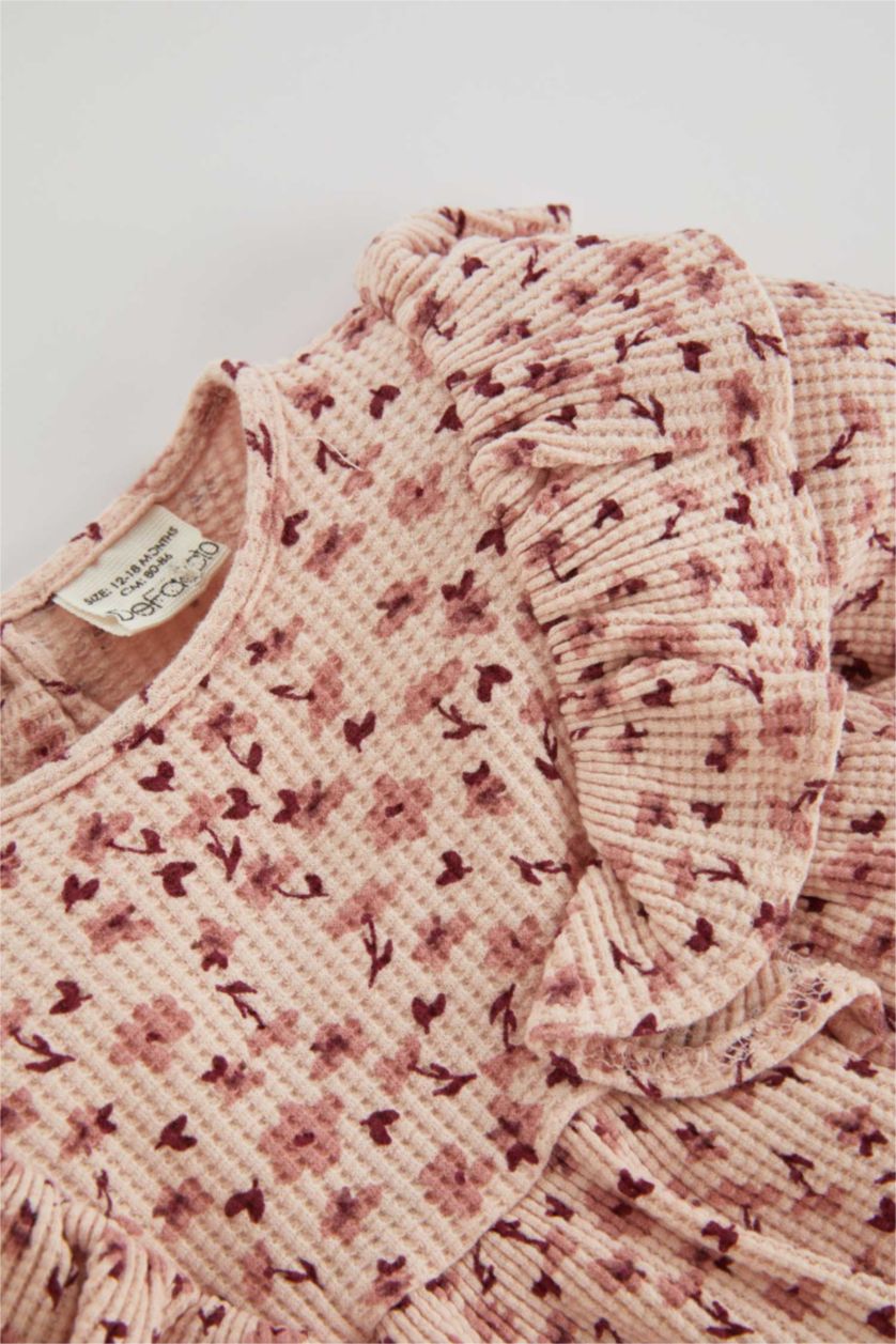 Kız Bebek Pembe Çiçekli Uzun Kollu Waffle Elbise Kız Bebek