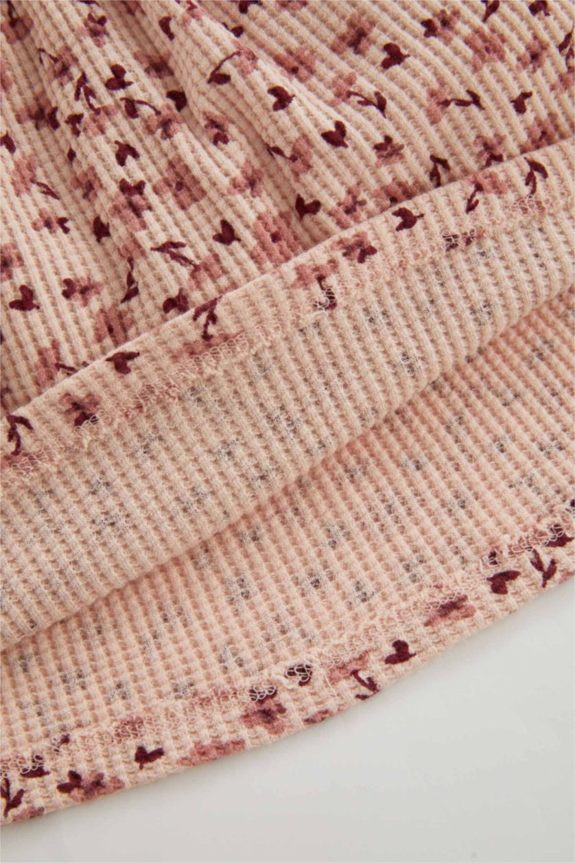 Kız Bebek Pembe Çiçekli Uzun Kollu Waffle Elbise Kız Bebek