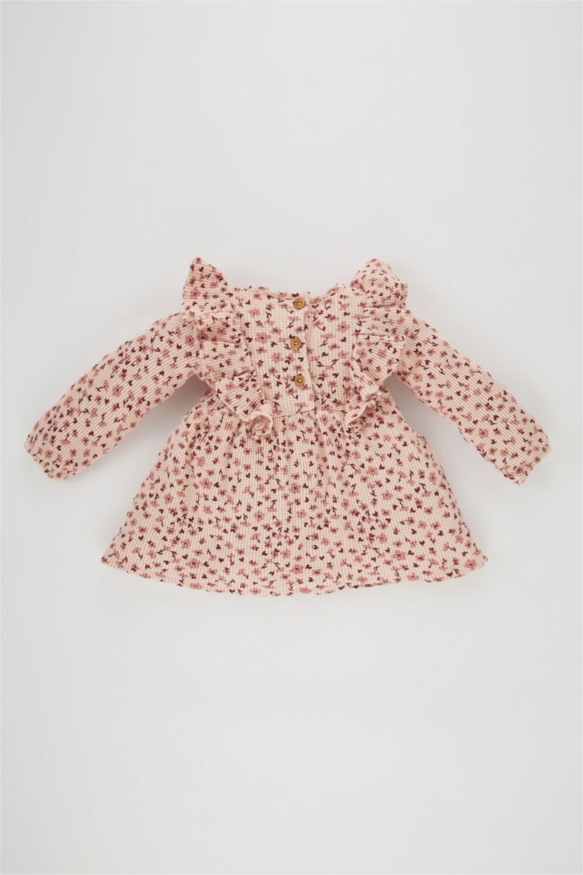 Kız Bebek Pembe Çiçekli Uzun Kollu Waffle Elbise Kız Bebek