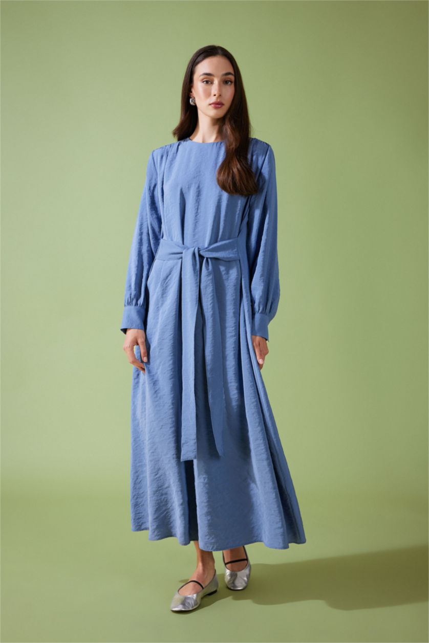 Жіночий Темно-блакитний Сукня з довгим рукавом стандартного крою з круглим вирізом