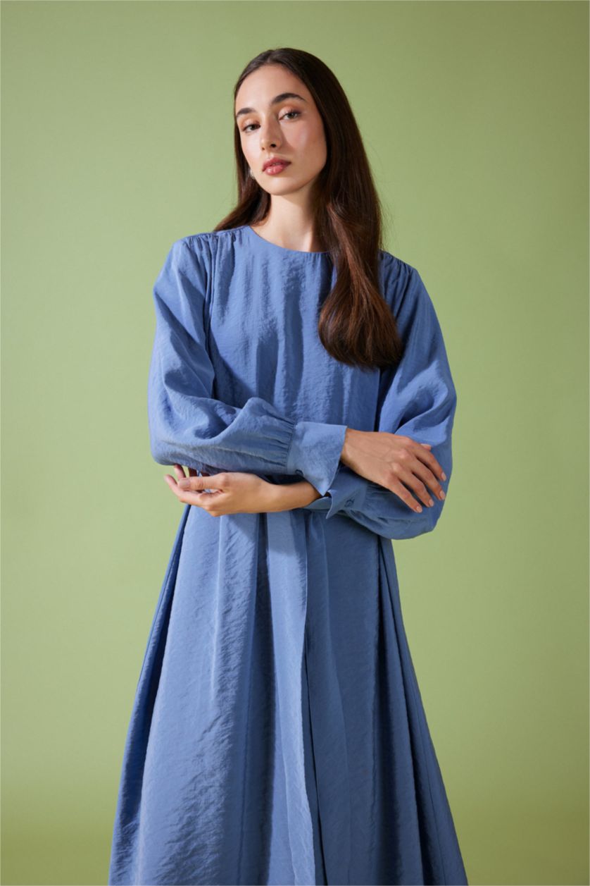 Жіночий Темно-блакитний Сукня з довгим рукавом стандартного крою з круглим вирізом