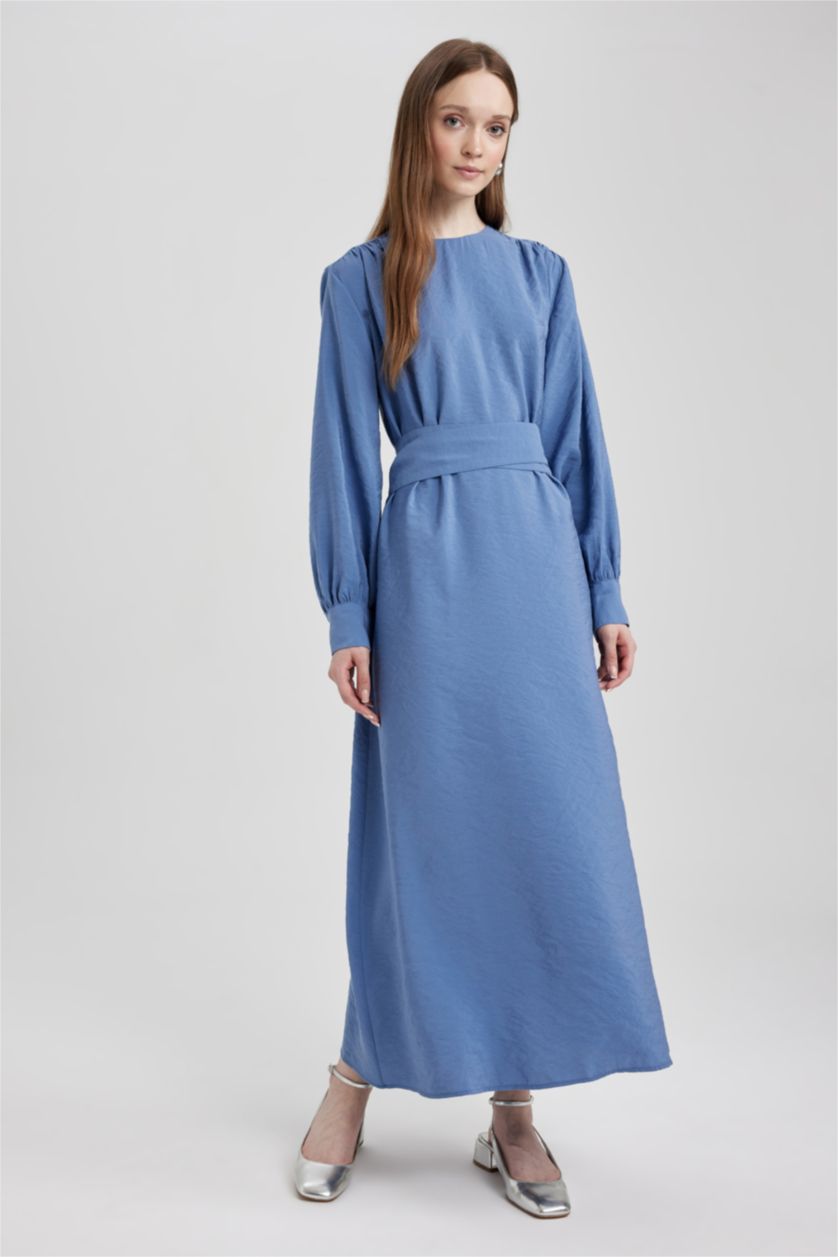 Жіночий Темно-блакитний Сукня з довгим рукавом стандартного крою з круглим вирізом