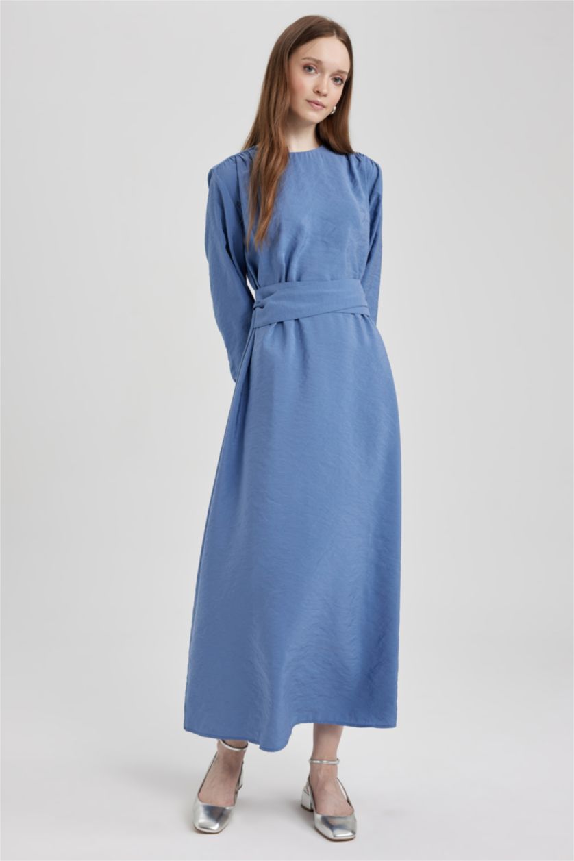 Жіночий Темно-блакитний Сукня з довгим рукавом стандартного крою з круглим вирізом