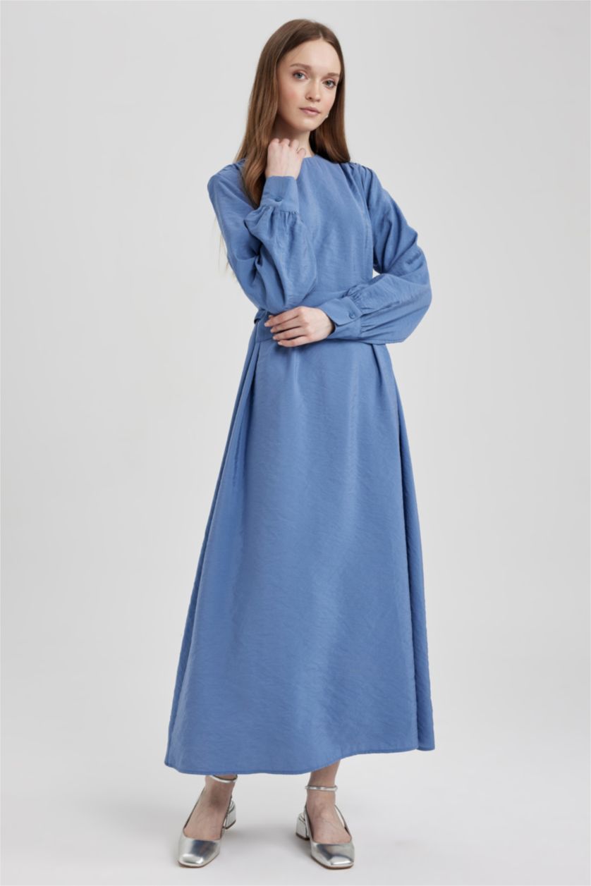 Жіночий Темно-блакитний Сукня з довгим рукавом стандартного крою з круглим вирізом