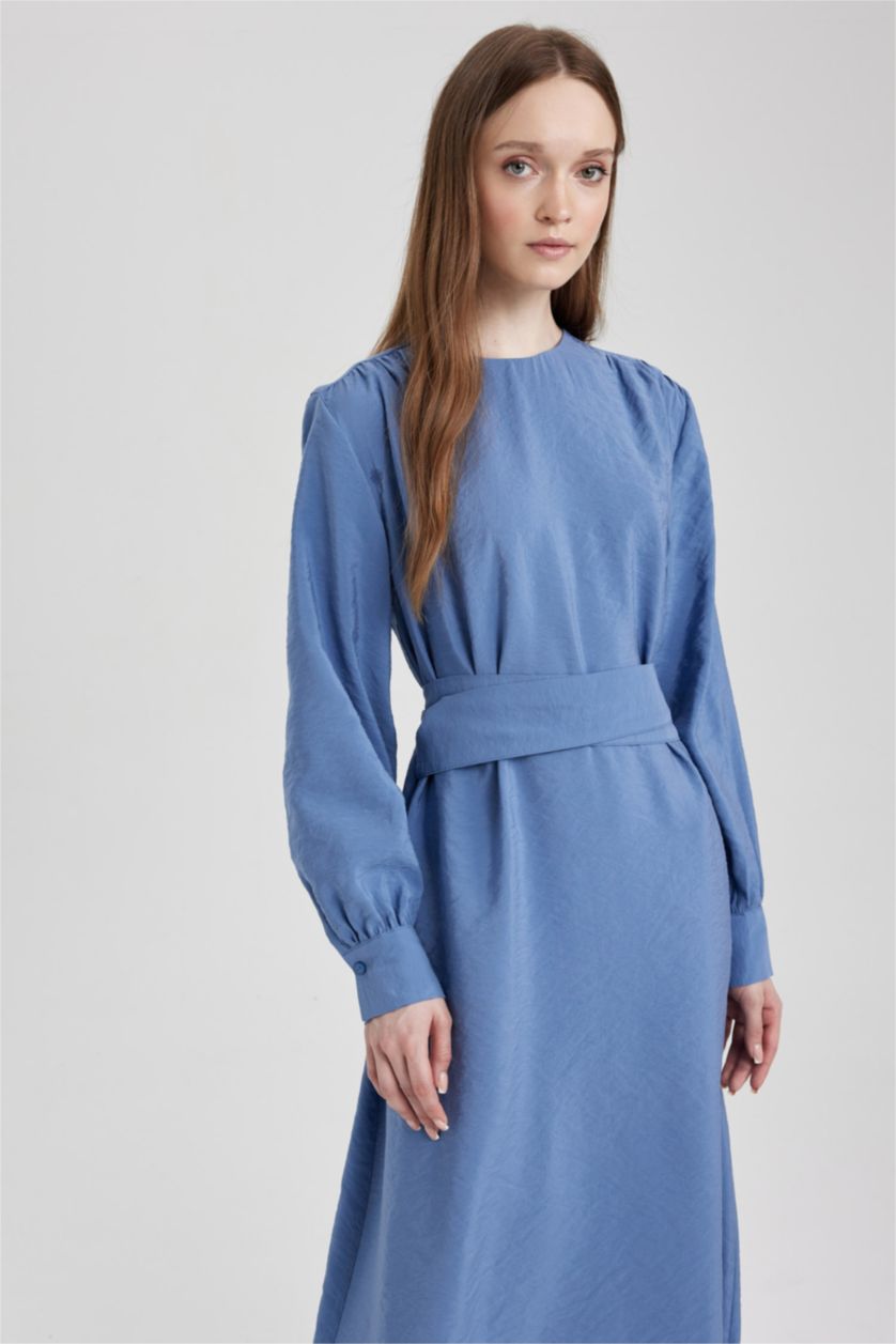 Жіночий Темно-блакитний Сукня з довгим рукавом стандартного крою з круглим вирізом