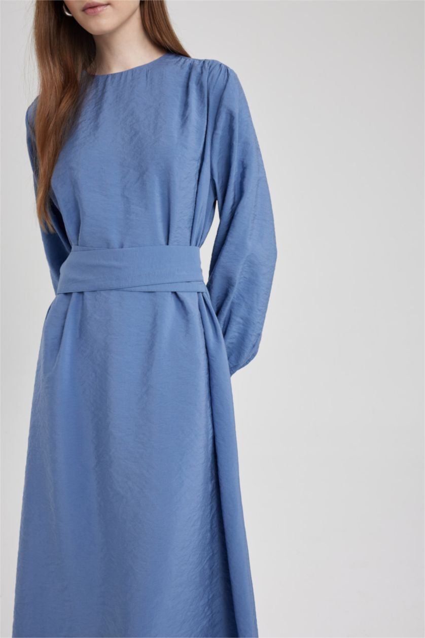 Жіночий Темно-блакитний Сукня з довгим рукавом стандартного крою з круглим вирізом