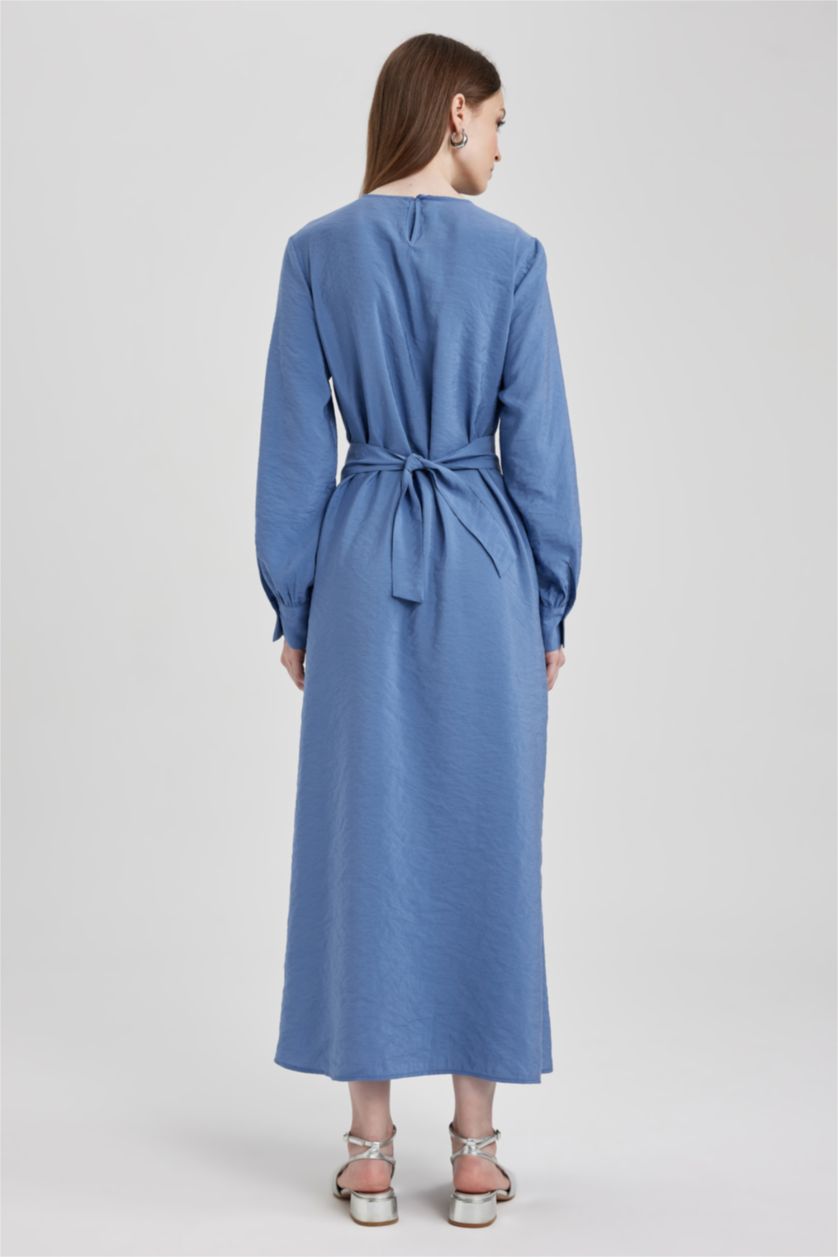 Жіночий Темно-блакитний Сукня з довгим рукавом стандартного крою з круглим вирізом