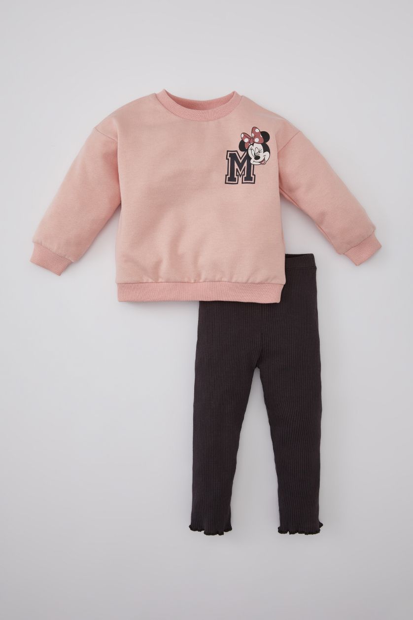 Kız Bebek Koyu Pembe Kız Bebek Disney Mickey & Minnie Fitilli Kaşkorse Sweatshirt Tayt 2'li Takım