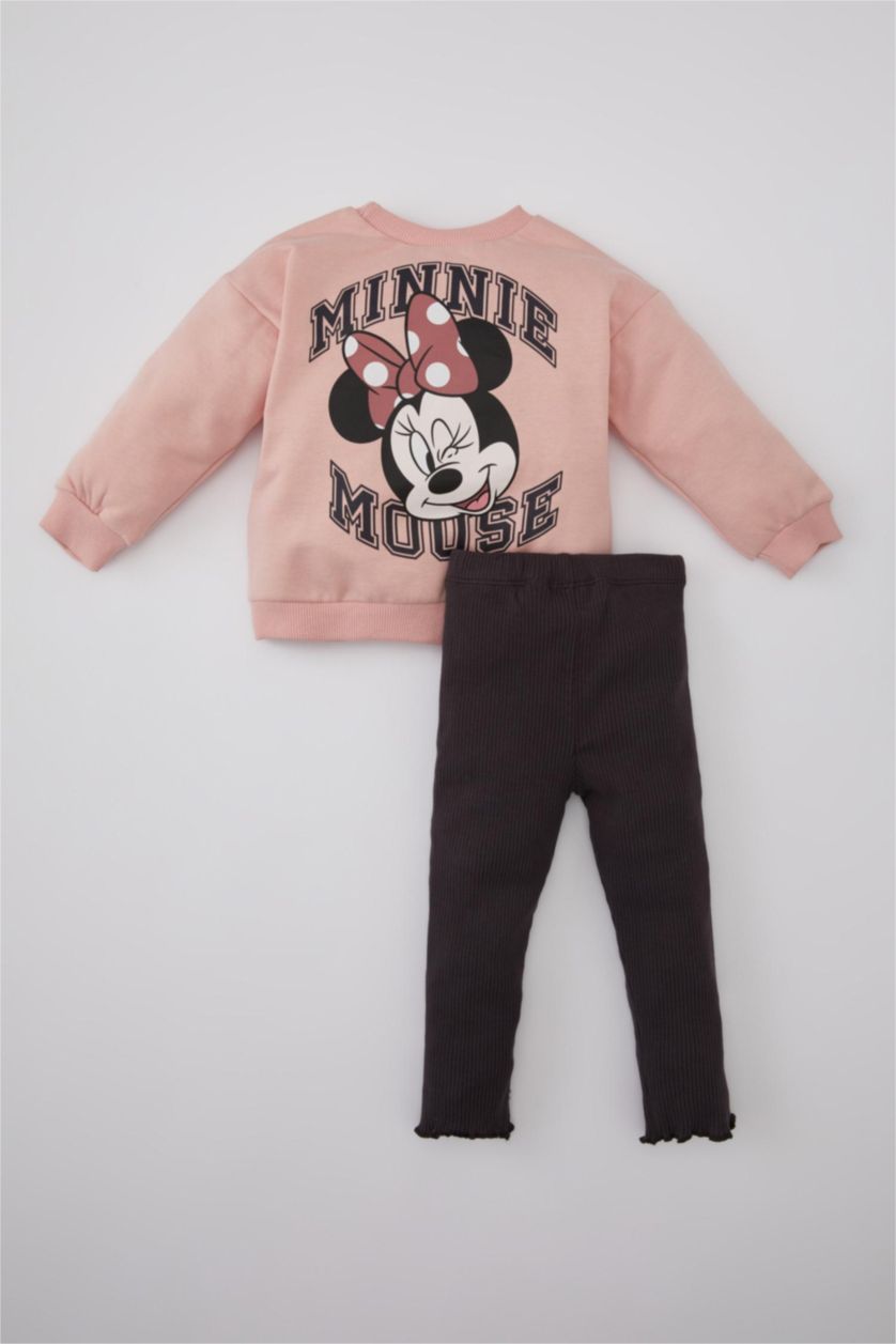 Kız Bebek Koyu Pembe Kız Bebek Disney Mickey & Minnie Fitilli Kaşkorse Sweatshirt Tayt 2'li Takım