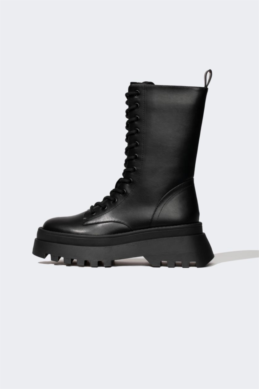 FEMME Noir Bottes en Faux Cuir à Semelle Épaisse pour Femme