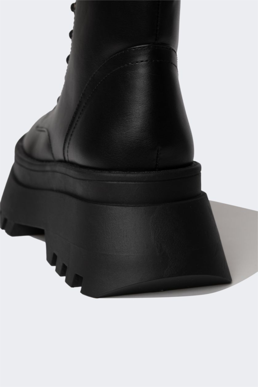 FEMME Noir Bottes en Faux Cuir à Semelle Épaisse pour Femme