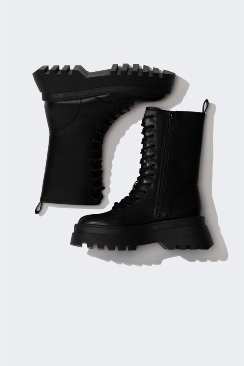 FEMME Noir Bottes en Faux Cuir à Semelle Épaisse pour Femme