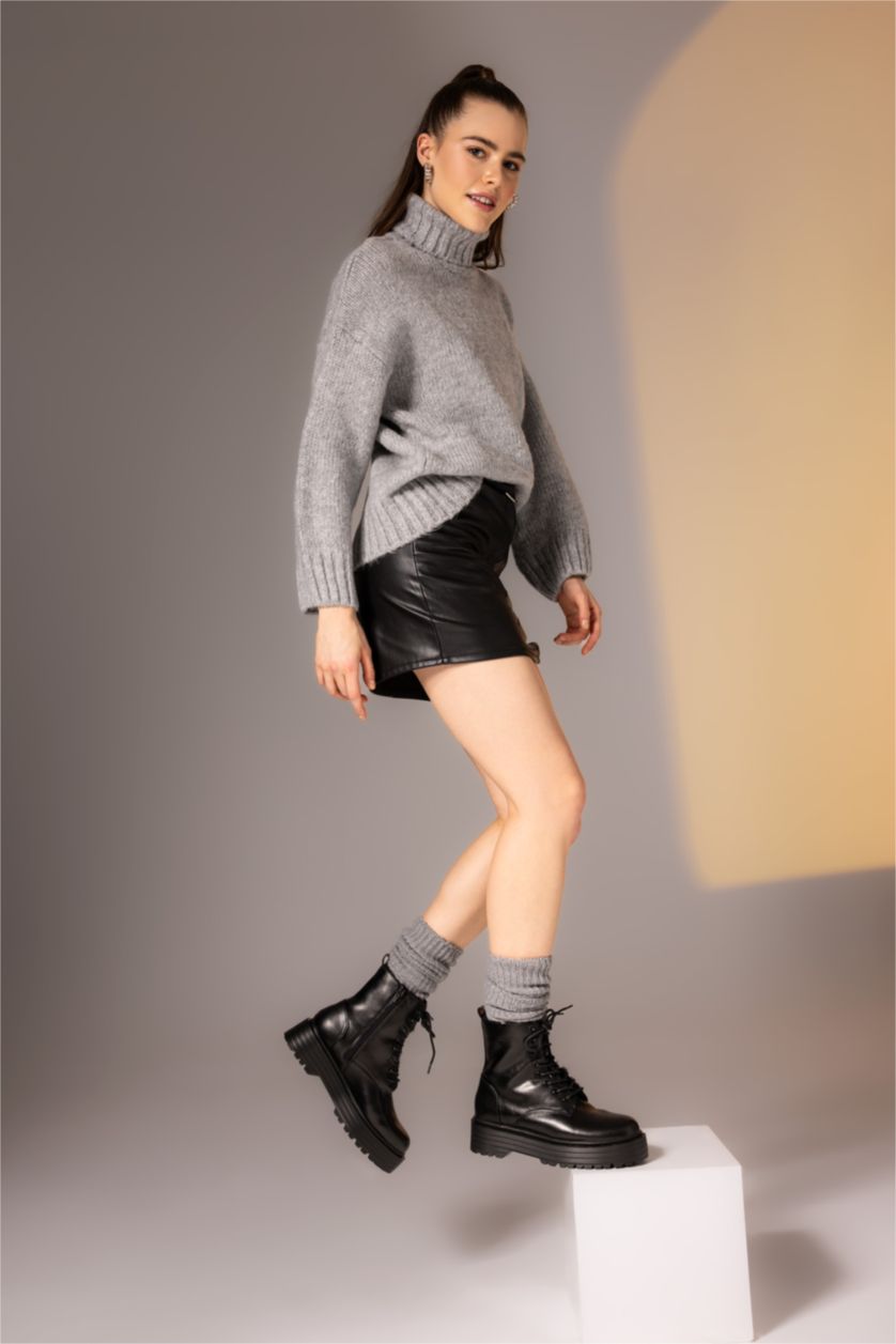 FEMME Noir Bottes D'Hiver Cuir Synthétique à Semelle Épaisse Pour Femme