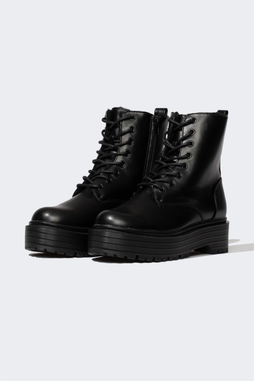 FEMME Noir Bottes D'Hiver Cuir Synthétique à Semelle Épaisse Pour Femme