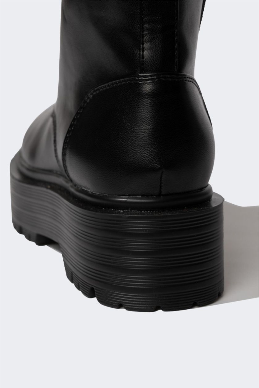 FEMME Noir Bottes D'Hiver Cuir Synthétique à Semelle Épaisse Pour Femme